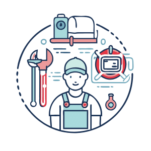 a graphic of a man with tools